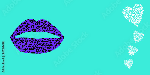 Panorama design of a leopard print lips on blue background panoramic web banner