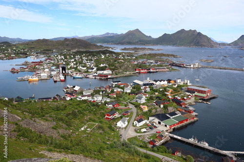 Ballstad / Norway - June 20 2019: View from Mountain Nonstinden onto town Ballstad in Norway photo