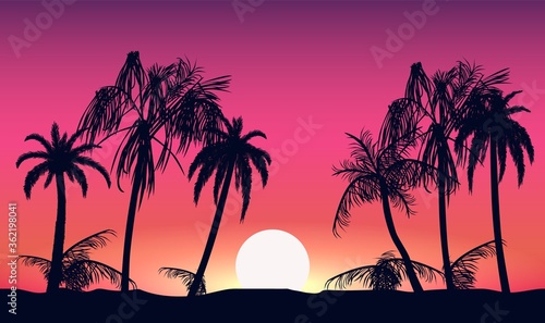 Sunset and silhouettes of palm trees. Tropical beach on background pink setting sun beautiful paradise coast resort romantic lagoon with exotic vector evening.