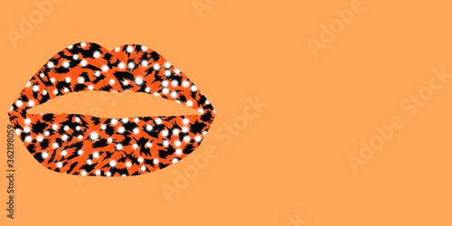 Panorama design of a leopard print lips on orange background panoramic web banner 