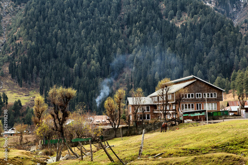Fototapeta Naklejka Na Ścianę i Meble -  Tourist Hotel at Aru Valley Near Pahalgam, Kashmir, India
