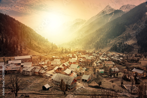 Photography Morning view of a town at Aru Valley near Pahalgam, Kashmir, India