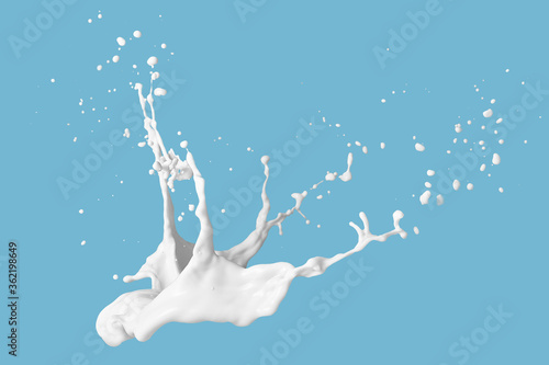 Photo of milk or white liquid splash with drops isolated on black background. Close up view © ismishko