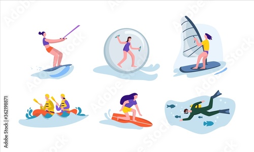 Active water sport set. Character rides on water board engages in extreme windsurfing diving fun team kayaking in rapid current jumping inside larger inflatable vector ball.