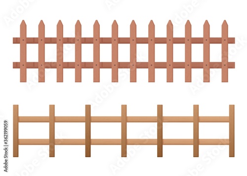 Wooden fence horizontal. Rustic fence from fresh planks palisade farmland barrier protection of yard and beds security pastures and flower zonescolorful architectural retro cartoon vector design.