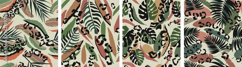 Leopard fern leaf pattern seamless. Organic fashionable foliage coloring with leopard camouflage exotic combinations of modern art design skin and swirling leaves tropical vector plants.