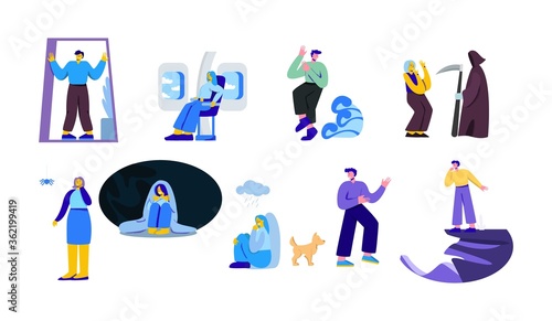 Human phobias set. Afraid flying in an airplane dislike enclosed spaces scared spiders depression in bad weather dread of dogs panic death, fear of vector height.