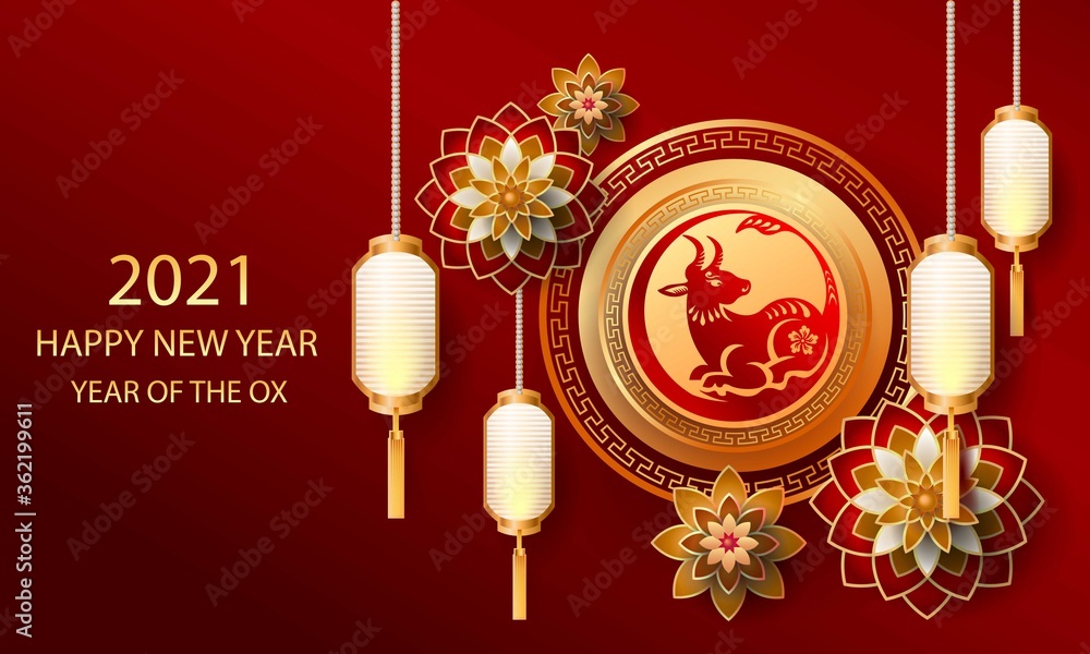 Naklejka premium Happy new year 2021 / Chinese new year / Year of the ox / Zodiac sign for greetings card, invitation, posters, brochure, calendar, flyers, banners.