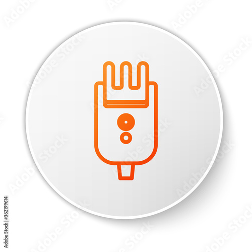 Orange line Electrical hair clipper or shaver icon isolated on white background. Barbershop symbol. White circle button. Vector Illustration.