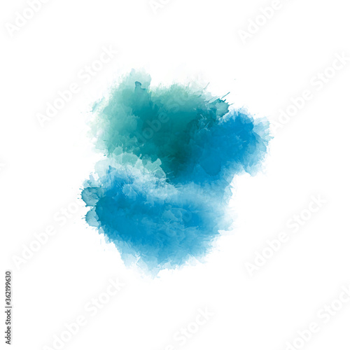 Digital drawing in shades of cyan and blue. Multicolored paint mixure isolated on white background. Abstract watercolor texture. Contemporary art