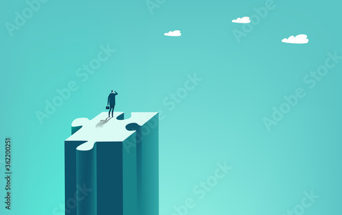 Businessman stands alone on the big puzzle piece and looks for future business opportunities. Solving the problems and advisory concept. Business concept illustration  