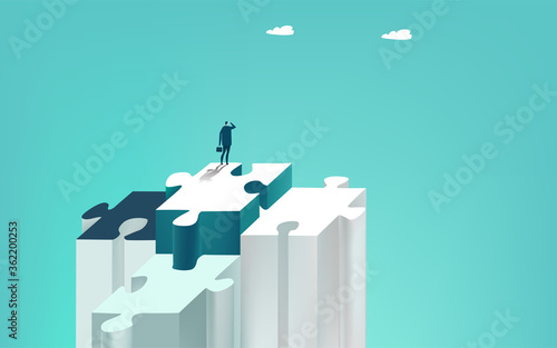 Businessman stands alone on the big puzzle piece and looks for future business opportunities. Solving the problems and advisory concept. Business concept illustration  