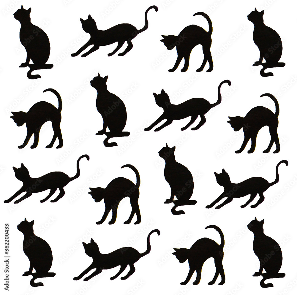 Pattern of black cats silhouettes on an isolated white background. Hand drawing.
