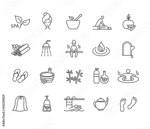Large collection of black and white spa icons showing a variety of treatments, herbs and activities, line drawn vector illustration