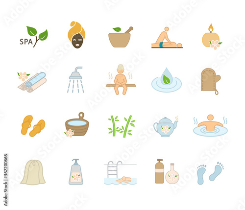 Collection of 20 spa and wellness icons with herbal treatments and health activities isolated on white, colored vector illustration