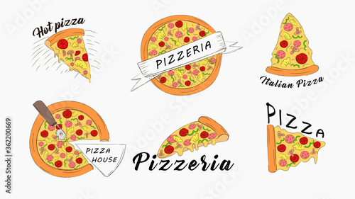 Pizza slices icons banner set. Fast hot Italian fast food juicy slices of pepperoni with mozzarella cheese and mushrooms delicious vegetable with salami art hearty snack in vector pizzeria.