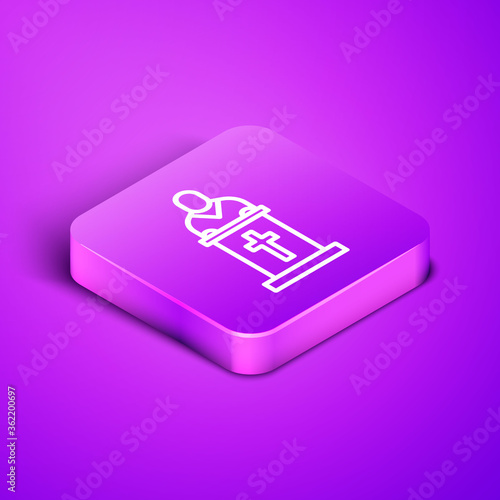 Isometric line Church pastor preaching icon isolated on purple background. Purple square button. Vector Illustration.