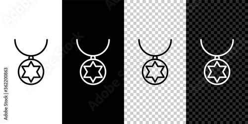 Set line Star of David necklace on chain icon isolated on black and white background. Jewish religion. Symbol of Israel. Jewellery and accessory. Vector Illustration.