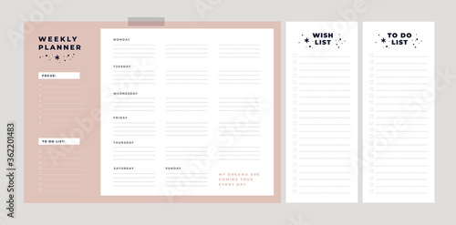 Weekly planner. Wish list, to do list. Dreams come true. Follow your dreams. Set of stationery digital prints. Flat lay, organizer mock updecoration, clothing, prints