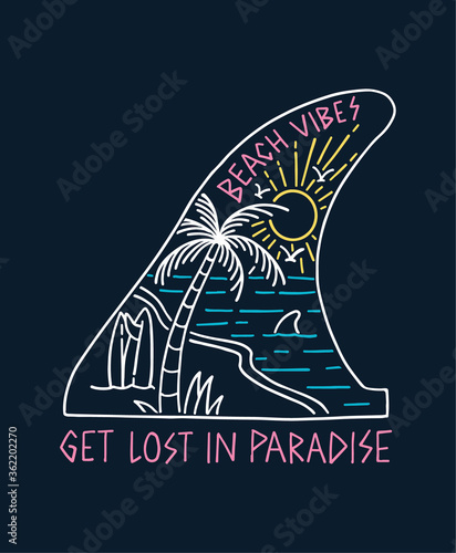 Hand drawn vector neon colors surfing illustrations, for t-shirt prints, posters and other uses.