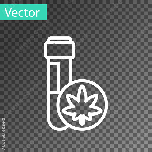 White line Chemical test tube with marijuana or cannabis leaf icon isolated on transparent background. Research concept. Laboratory CBD oil. Vector Illustration.