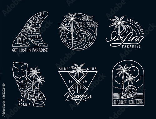 Set of hand drawn vector neon colors surfing illustrations, for t-shirt prints, posters and other uses.
