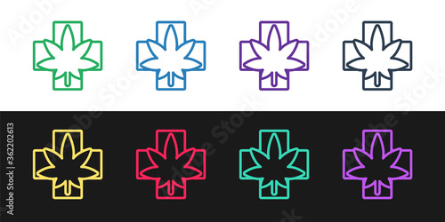 Set line Medical marijuana or cannabis leaf icon isolated on black and white background. Hemp symbol. Vector Illustration.