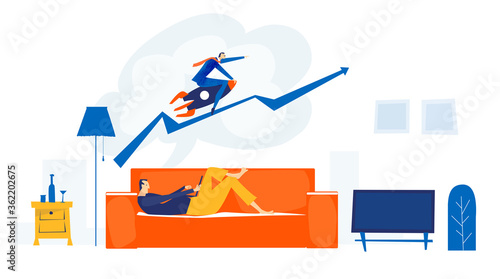 Young man lying down at sofa and working from home. Dreams about his professional success. Businessman is earning a lot of money. Self isolation and self employed concept 