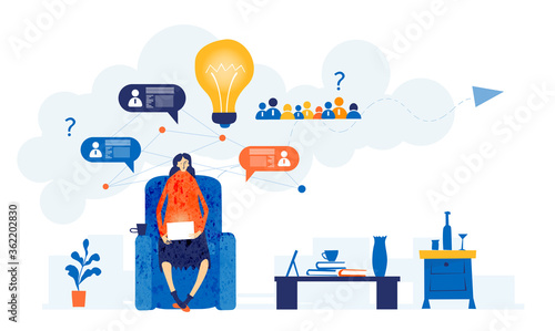 Young woman self employed, working from home in self isolation and dreaming about professional growth, returning to the office, working together with colleagues and personal achievement. 