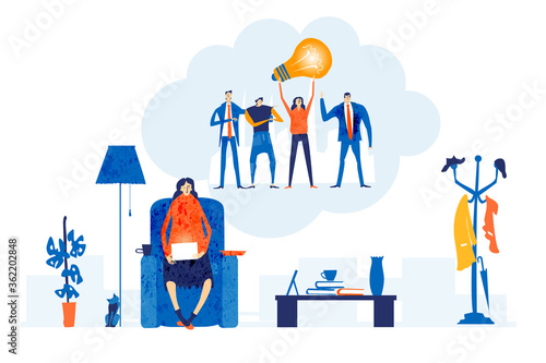 Young woman self employed, working from home in self isolation and dreaming about professional growth, returning to the office, working together with colleagues and personal achievement. 