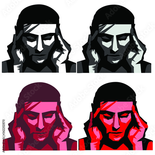 illustration of a man of uncertain gender with severe headache, migraine and depression
