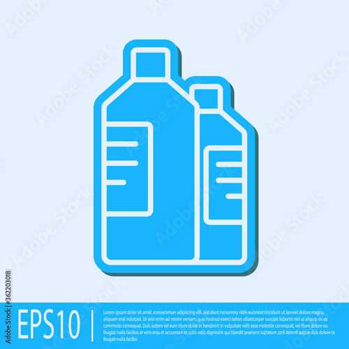Blue line Plastic bottles for laundry detergent, bleach, dishwashing liquid or another cleaning agent icon isolated on grey background. Vector Illustration.