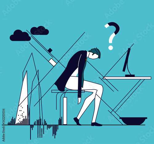 Tired, stressed businessman works long hours. Overloaded with work, deadline, solving the problem. Business concept illustration  