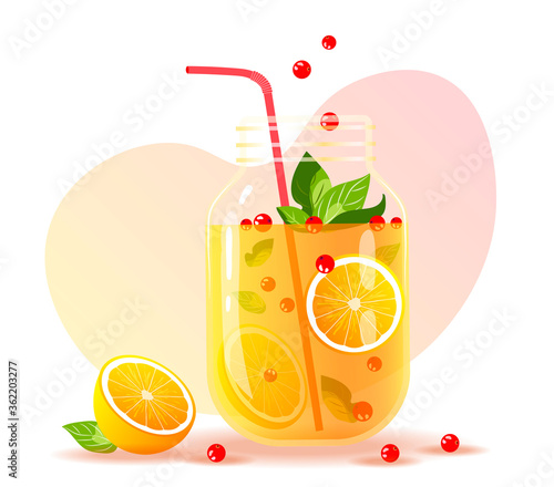 Juice jar with straw, oranges, berries. Detox, Fresh juice, Citruses, Fruits, Natural food, Healthy eating concept. Vector illustration for poster, menu, banner, card.