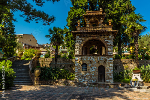 A square in the Garden of Villa Comunale, Taormina, Sicily in summer