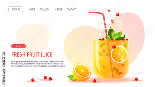 Website design for Detox, Fresh juice, Citruses, Fruits, Natural food, Healthy eating concept. Juice jar with straw, oranges, berries. Vector illustration for poster, menu, banner, web page