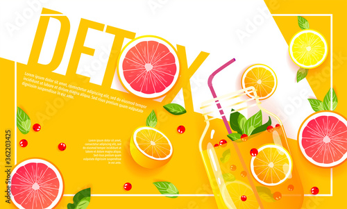 Juice jar with straw, oranges, grapefruits, berries. Detox, Fresh juice, Citruses, Fruits, Natural food, Healthy eating concept. Vector illustration for poster, menu, flyer, banner, cover, advertising