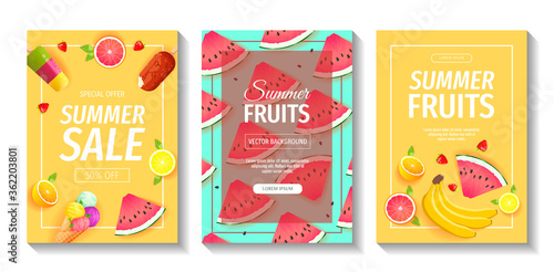 Set of flyers with fresh fruits. Watermelon, Orange, Grapefruit, Lemon, Bananas, Ice lollies, Ice cream cone.