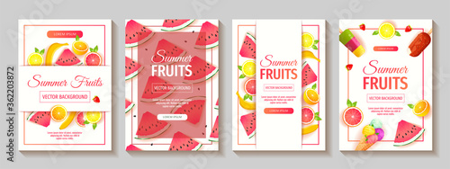 Set of flyers with fresh fruits. Watermelon, Orange, Grapefruit, Lemon, Bananas, Ice lollies, Ice cream cone. A4 vector illustration for summer sale, menu, poster, banner, flyer.