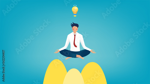 Businessman are meditate and floating on a hills, yellow light bulb above head, pink cheek character on gradient blue background