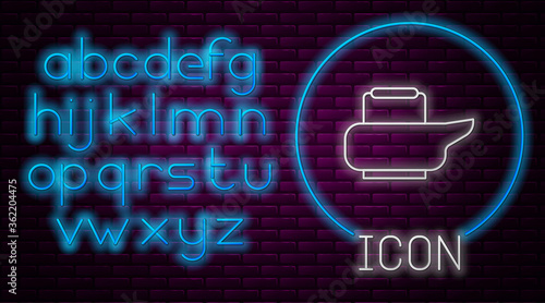 Glowing neon line Bedpan icon isolated on brick wall background. Toilet for bedridden patients. Neon light alphabet. Vector Illustration.