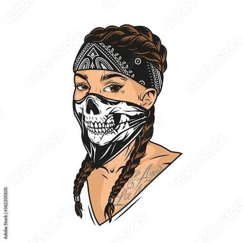 Young woman in scary mask and bandana