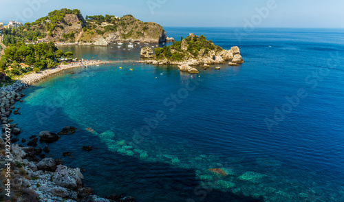 A view of the shoreline and Isola Bella near Taormina, Sicily in summer