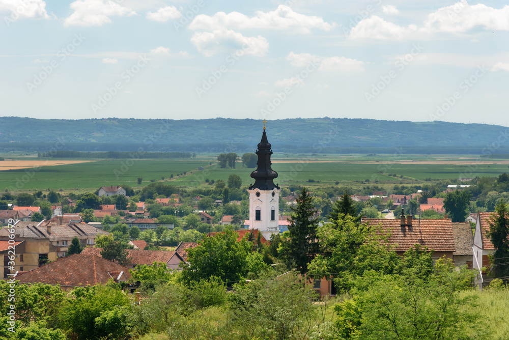 Titel, Serbia - June 25, 2020: Panorama of Titel City in Vojvodina, Serbia. The Orthodox Church of the Dormition of the Holy Virgin (serbian:Crkva Uspenja Presvete Bogorodice).