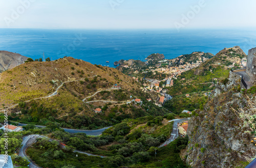 A panorama view from the hills above Taormina, Sicily in summer