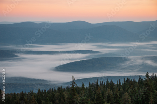 fog spreads in the hills at dawn