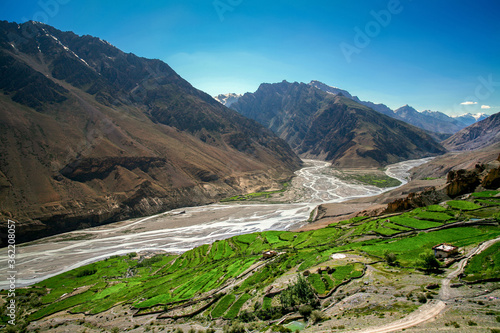 Confluence of the Pin & Spiti rivers, beside Dankhar village, Spiti Valley, India. photo