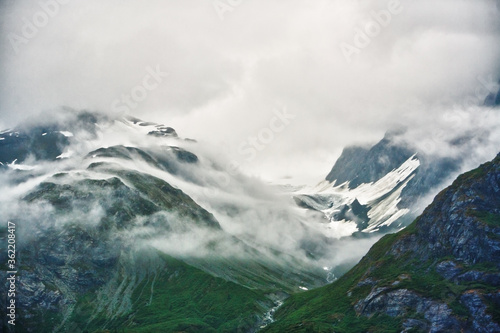 On a cloudy  rainy day the fog was rolling into the valleys along the edge of Glacier Bay National Park  Alsaka