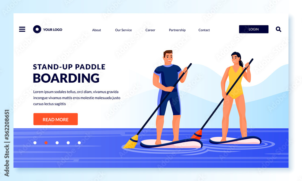 Couple standing on paddle boards. Vector illustration. Summer outdoor fitness, leisure activities and sport lifestyle