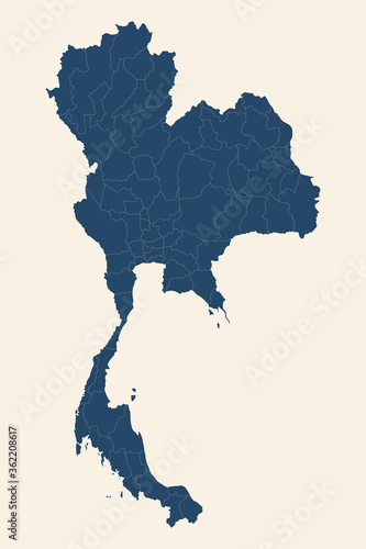 Thailand detailed map with its provinces. Cyan blue, cream white background.
